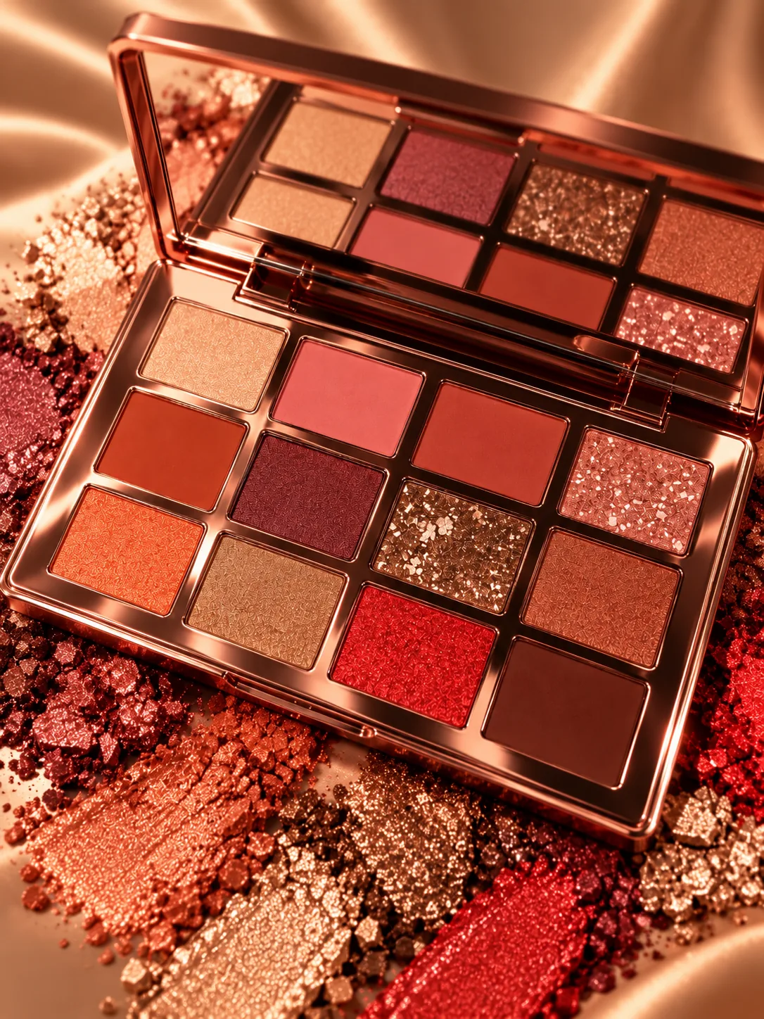 Close-up of the 12 matte, shimmer, metallic and sparkling GOMAR eyeshadow shades