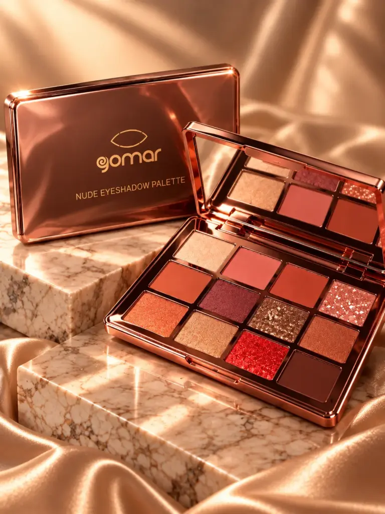 GOMAR Nude Eyeshadow Palette with 12 shades and rose-gold packaging